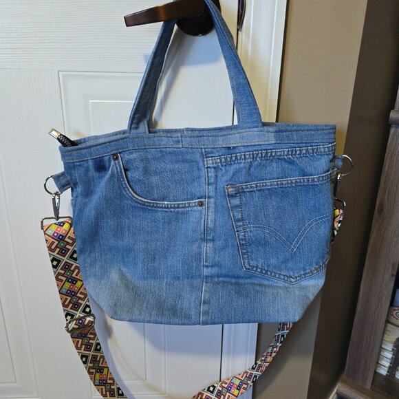 Blue Denim Upcycle Shoulder Bag Purse - Picture 2 of 4